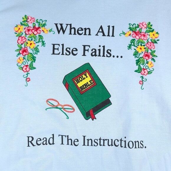 Vintage Christian Sweatshirt Mens Size Large Blue 80s Read The Bible Made In USA - Picture 2 of 5